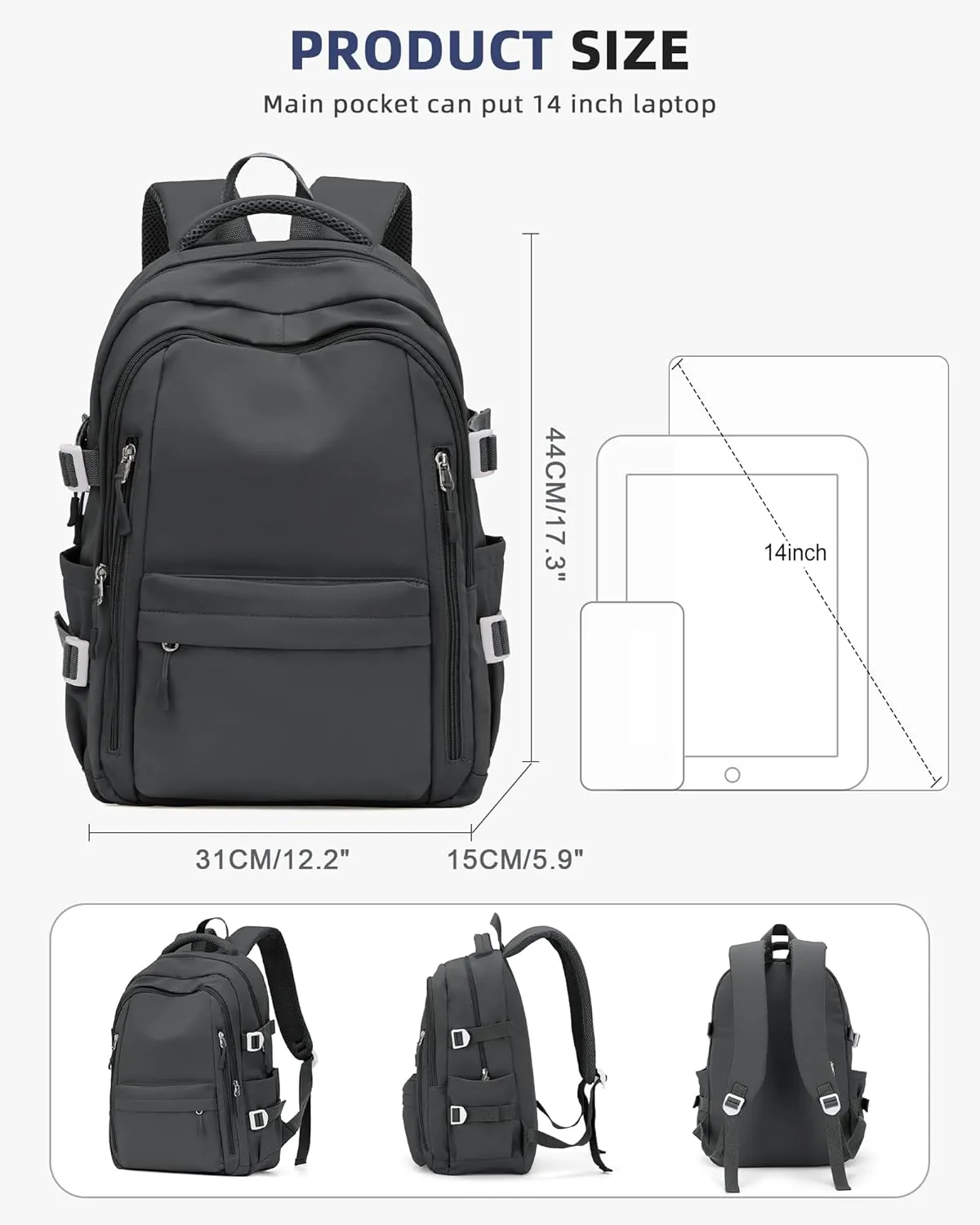 BOXSAM Lightweight Backpack for Women, Large Laptop Travel Backpack Casual Daypack Bag Rucksack for Men.Grey