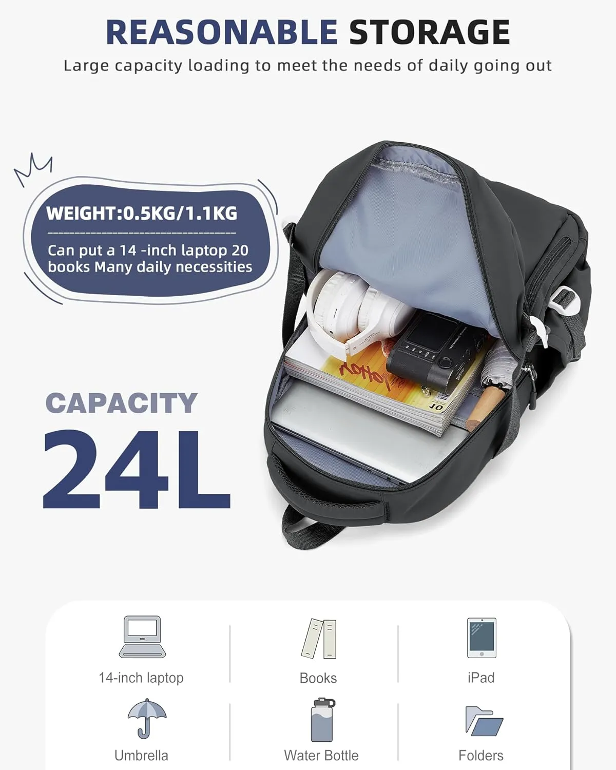BOXSAM Lightweight Backpack for Women, Large Laptop Travel Backpack Casual Daypack Bag Rucksack for Men.Grey