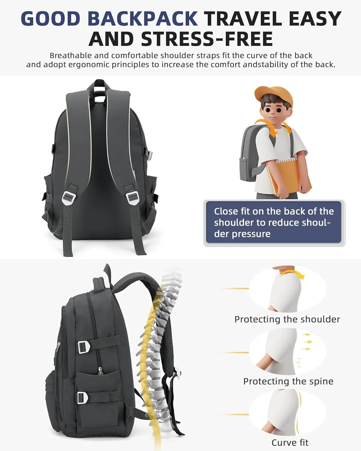 BOXSAM Lightweight Backpack for Women, Large Laptop Travel Backpack Casual Daypack Bag Rucksack for Men.Grey
