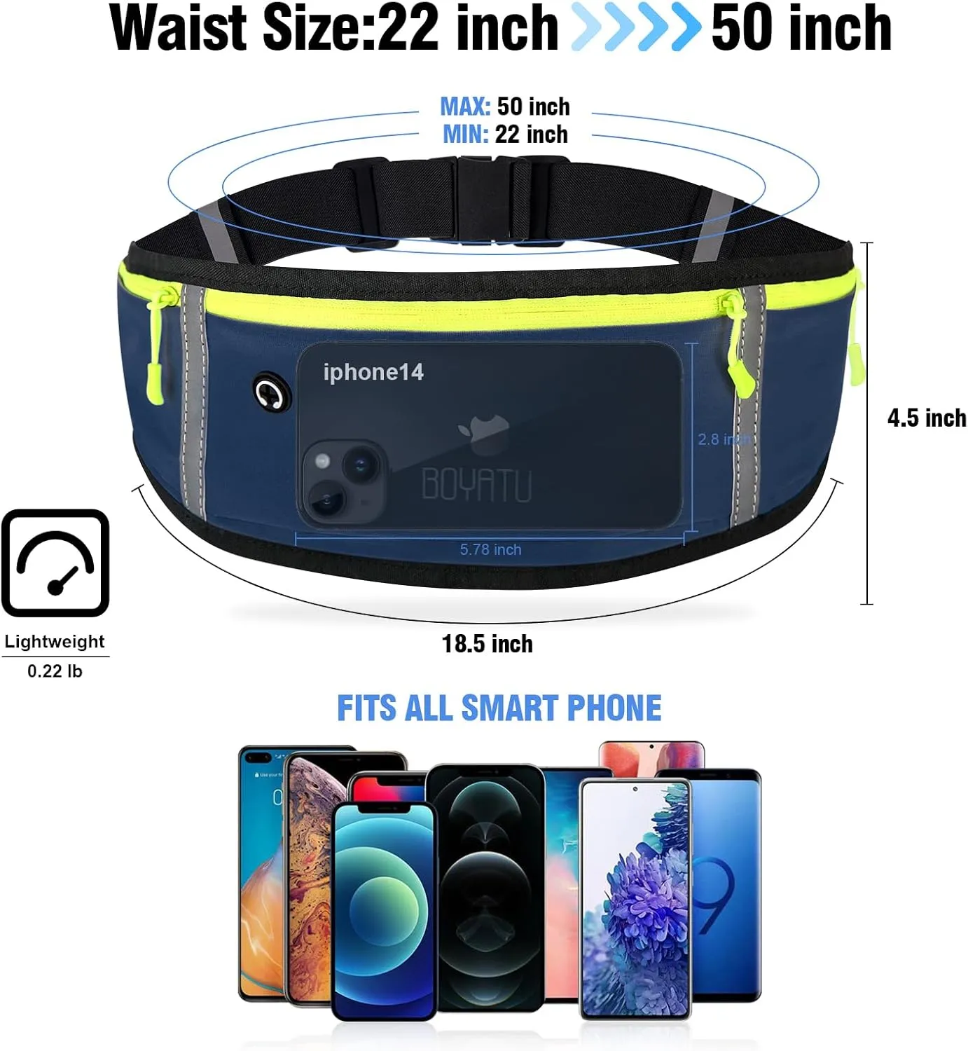 BOYATU Running Belt, Waist Pack - Workout Fanny Pack, Slim Runner Belt with Phone Holder, Blue 2, Waterproof, Adjustable