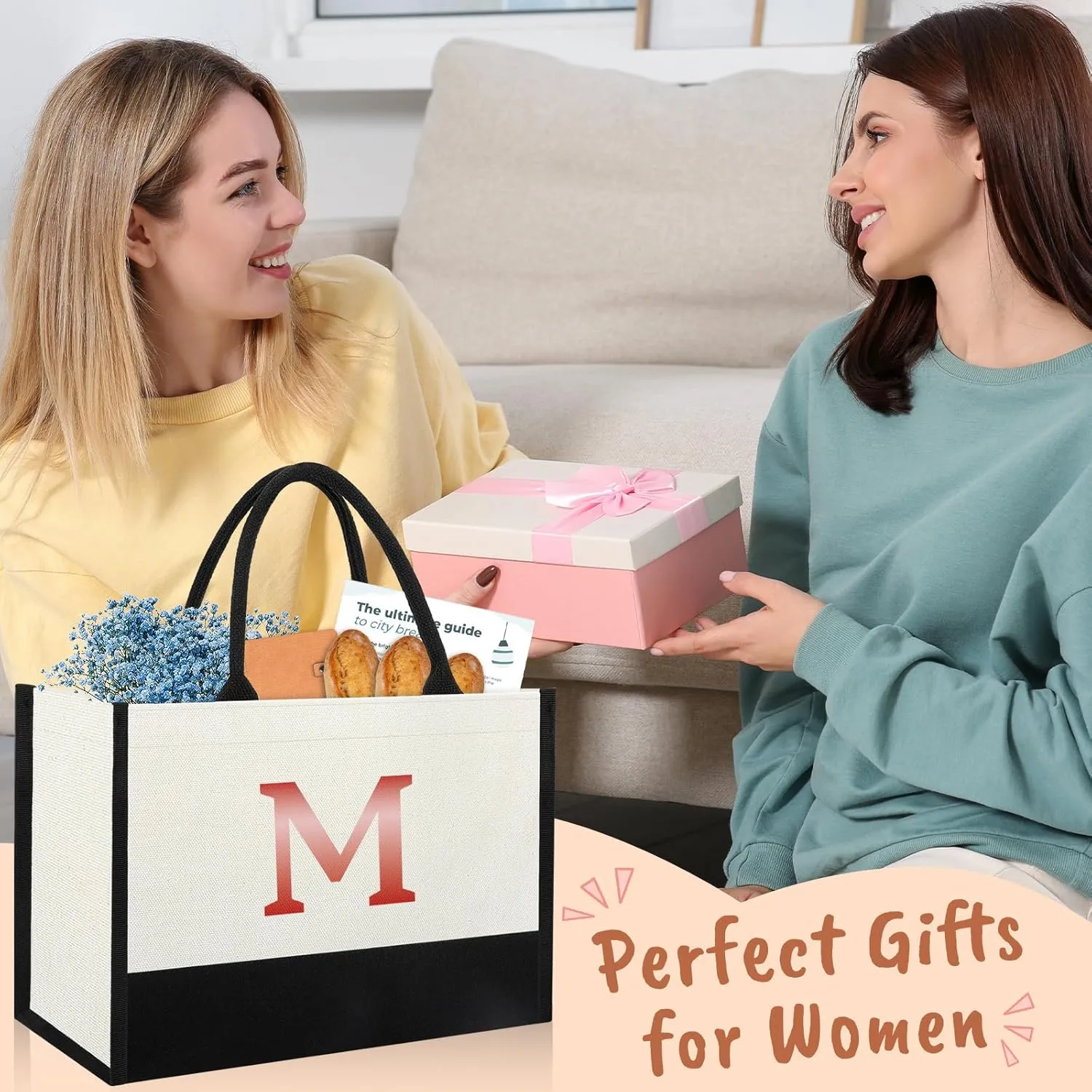 Bridal Shower Gift Bags For Bride To Be, Bridesmaid Gifts Tote Bag For Wedding Day For Junior Bridesmaid, Bachelorette Gifts For Bridesmaids, Bridesmaid Thank You Gifts Bag Tote-Letter M