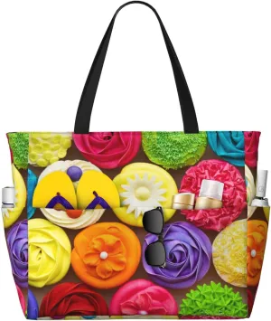 Brightly Colored Cupcakes Large Beach Tote Bag for Women Extra Large Capacity Waterproof Sandproof Pool Bag Suitable for Gym Swimming Pool Travel Groceries