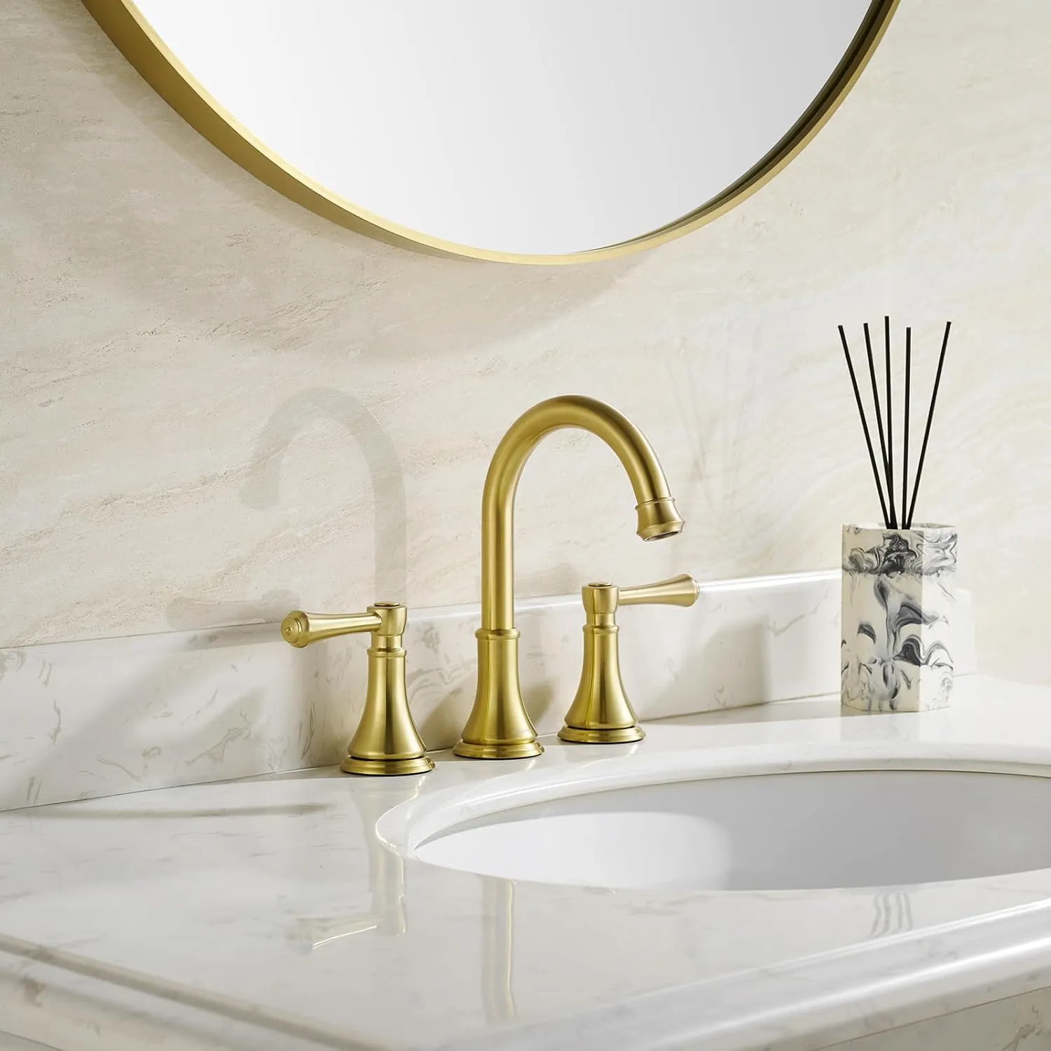 Brushed Gold 8 inch Widespread Bathroom Sink Faucet 3 Holes with Pop-Up Drain, 2 Handle Modern Bathroom/Vanity/Lavatory Faucet with Brass 360° Swivel Spout, TAF830Y-PB