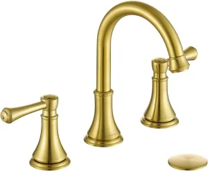 Brushed Gold 8 inch Widespread Bathroom Sink Faucet 3 Holes with Pop-Up Drain, 2 Handle Modern Bathroom/Vanity/Lavatory Faucet with Brass 360° Swivel Spout, TAF830Y-PB