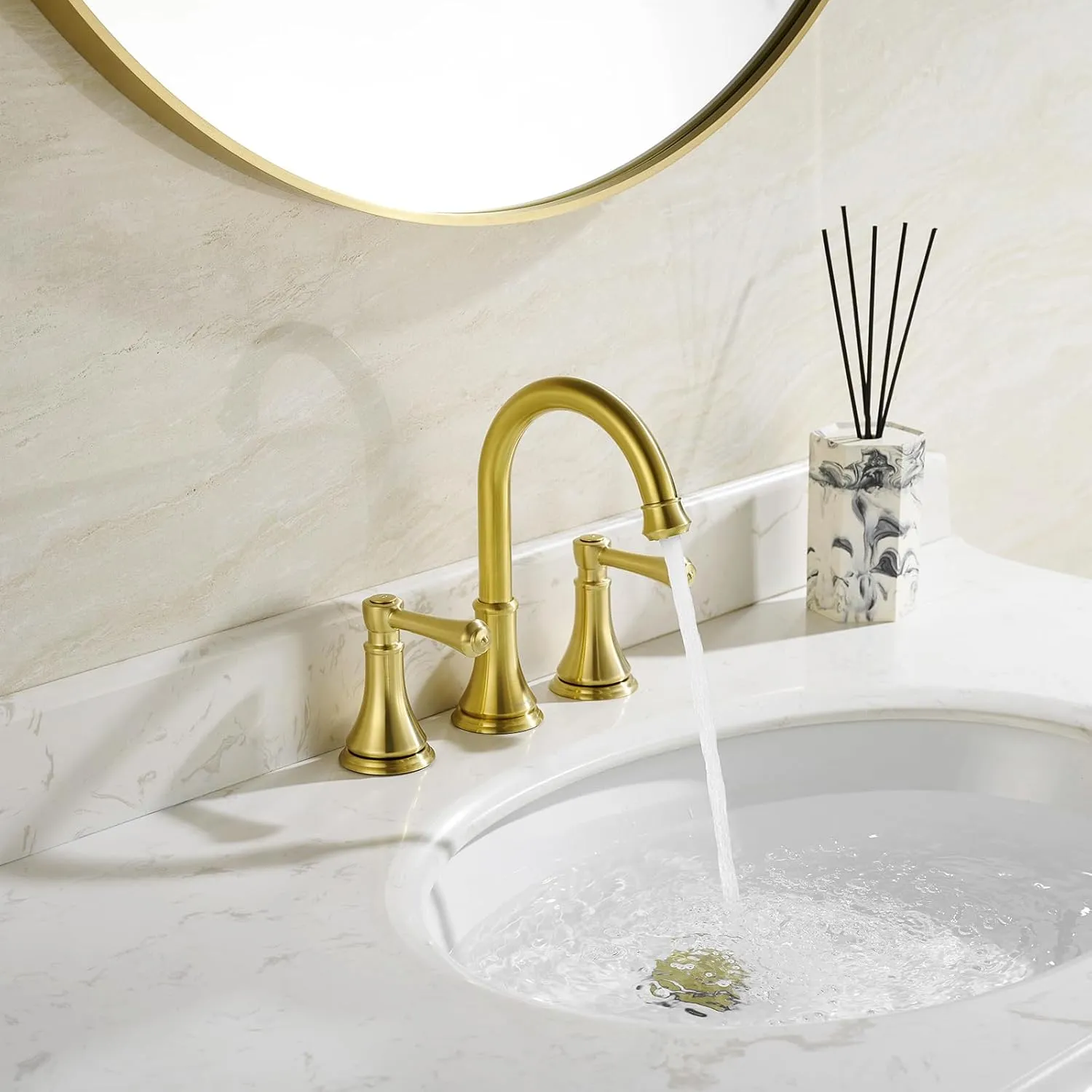 Brushed Gold 8 inch Widespread Bathroom Sink Faucet 3 Holes with Pop-Up Drain, 2 Handle Modern Bathroom/Vanity/Lavatory Faucet with Brass 360° Swivel Spout, TAF830Y-PB