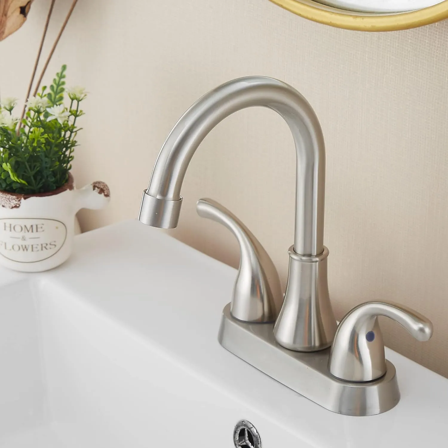 Brushed Nickel Bathroom Sink Faucet 4 Inch Faucet 2 Handle with Pop-up Drain Stopper and Supply Hoses(Set of 2)