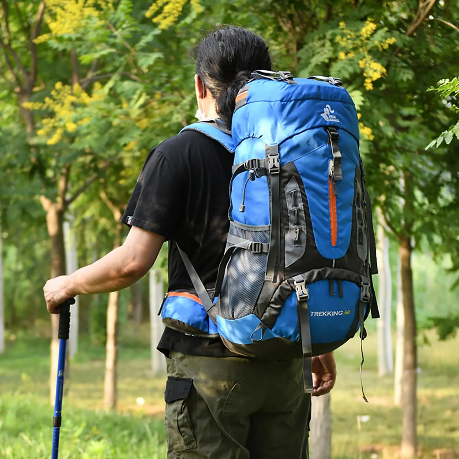 Bseash 60L Hiking Camping Backpack with Rain Cover, Waterproof Large Capacity Outdoor Sport Travel Daypack Climbing Touring (Light Blue)