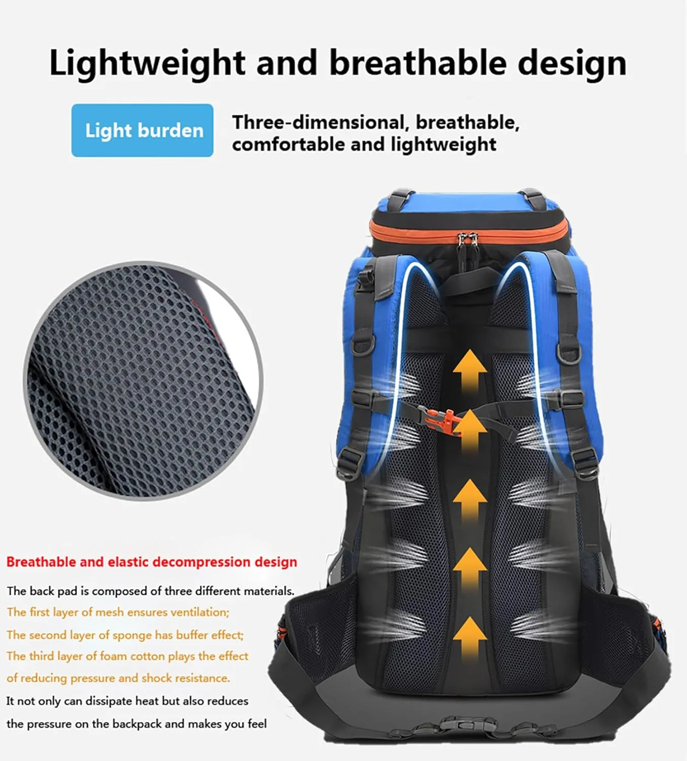 Bseash 60L Hiking Camping Backpack with Rain Cover, Waterproof Large Capacity Outdoor Sport Travel Daypack Climbing Touring (Light Blue)