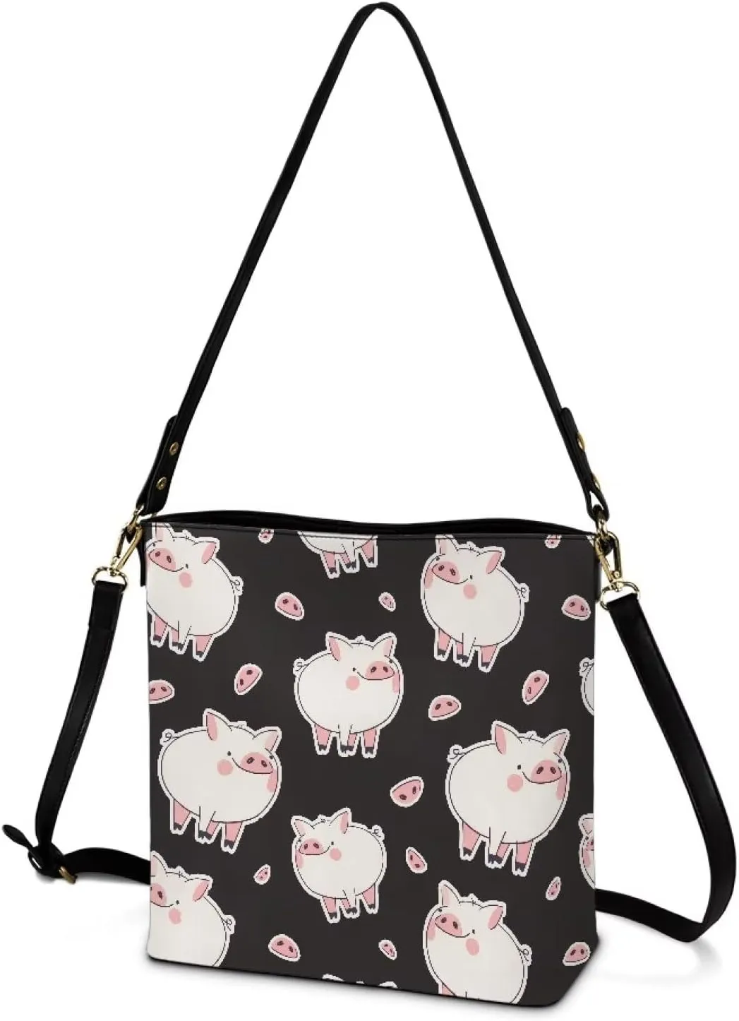 Bucket Bags Purses for Women with Adjustable Strap, Black Cat Print PU Leather Tote Handbags Top Handle Satchel