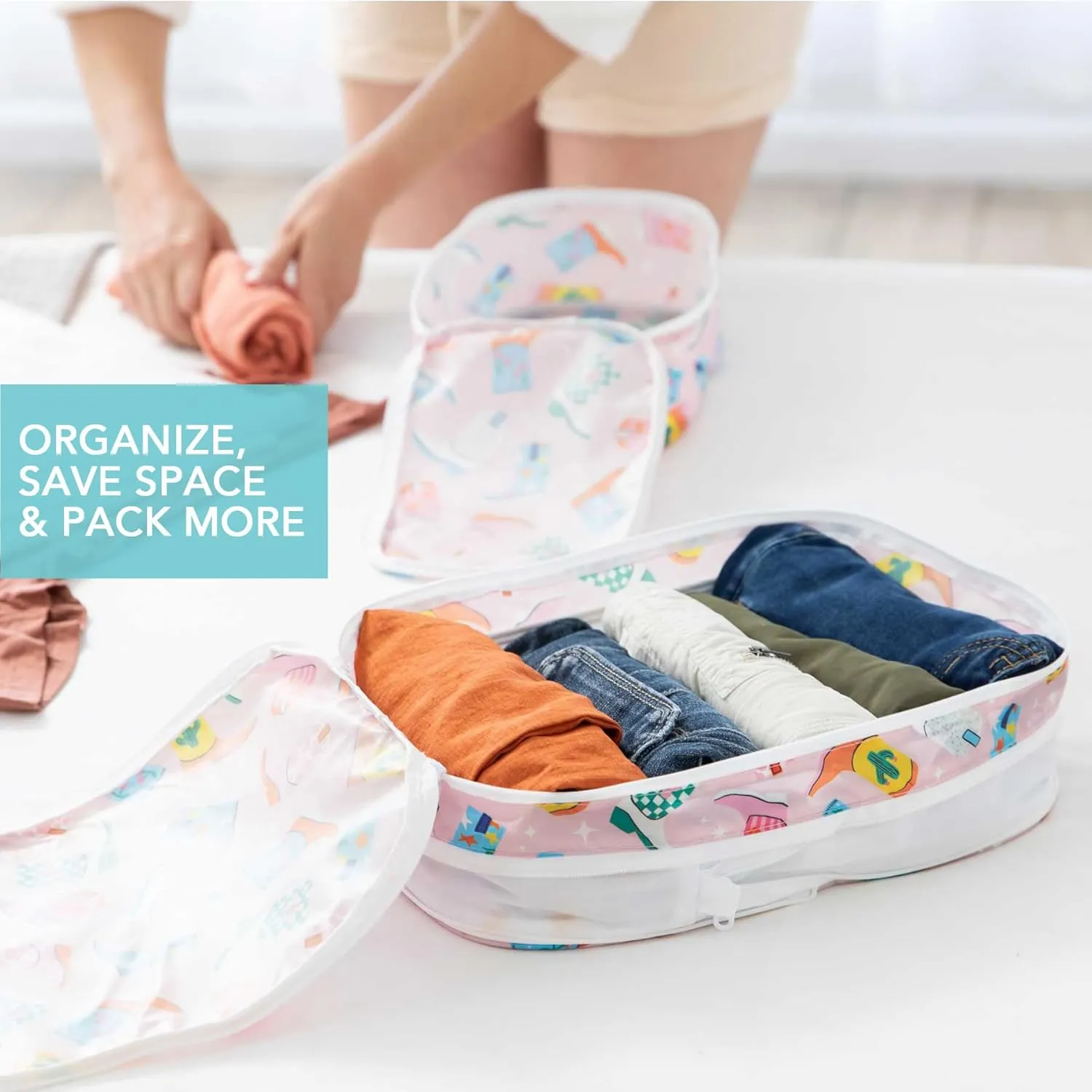Bumkins Packing Cubes and TSA Approved Pouches for Travel Bag, Organize Luggage with Compression Bags, Essential Traveling Accessories to Pack Clothes, Toiletries Carry On Suitcase, 5-pc Cowgirl Boots