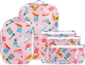 Bumkins Packing Cubes and TSA Approved Pouches for Travel Bag, Organize Luggage with Compression Bags, Essential Traveling Accessories to Pack Clothes, Toiletries Carry On Suitcase, 5-pc Cowgirl Boots