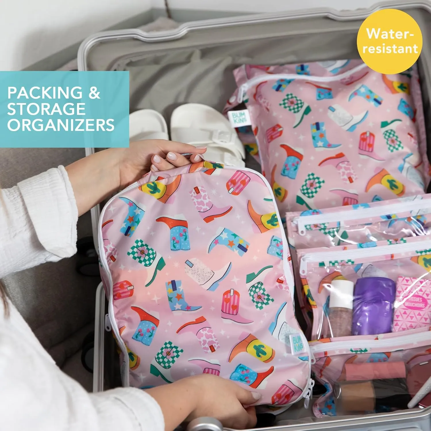 Bumkins Packing Cubes and TSA Approved Pouches for Travel Bag, Organize Luggage with Compression Bags, Essential Traveling Accessories to Pack Clothes, Toiletries Carry On Suitcase, 5-pc Cowgirl Boots