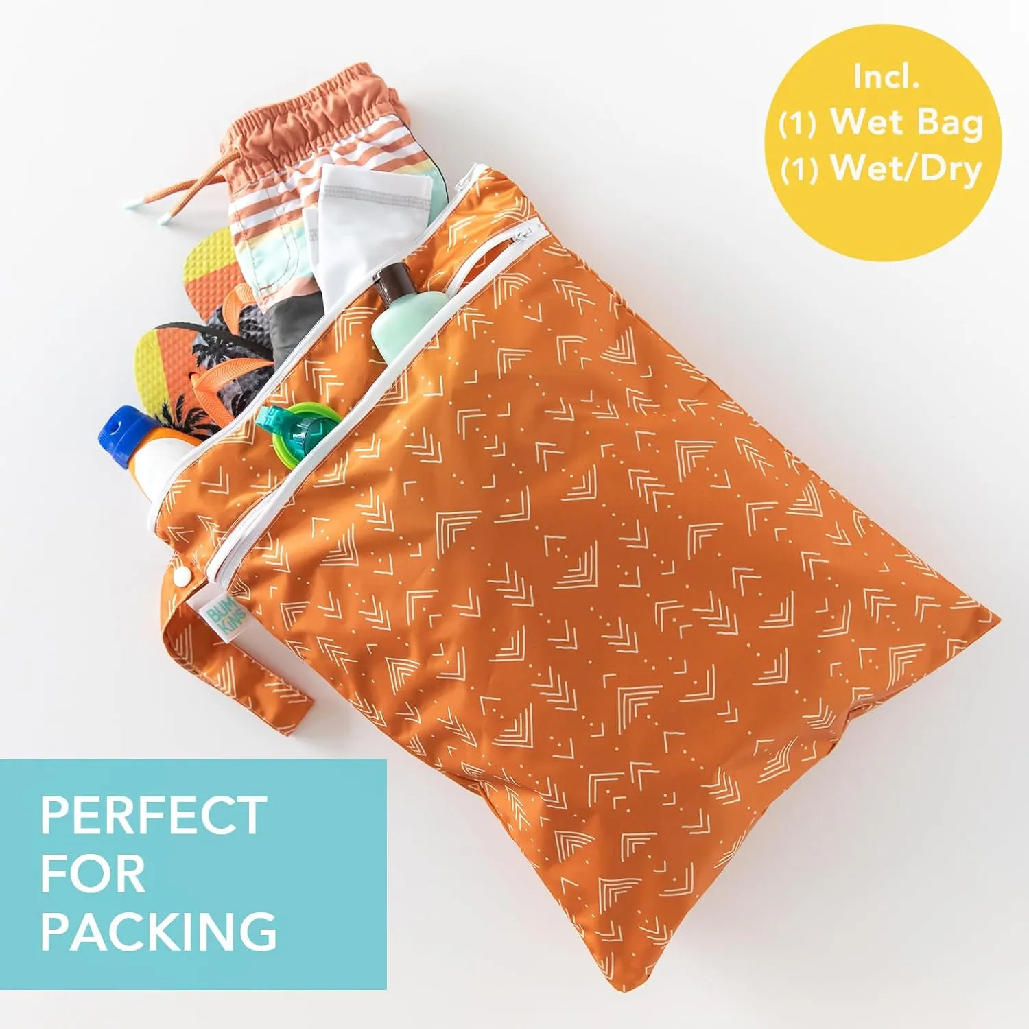 Bumkins Waterproof Wet and Wetdry Bags for Baby, Travel, Swim Suit, Cloth Diaper, Pump Parts, Pool, Beach, Gym Clothes, Toiletry, Hook to Stroller, Daycare, Zipper Reusable Packing Pouch, Boho Orange