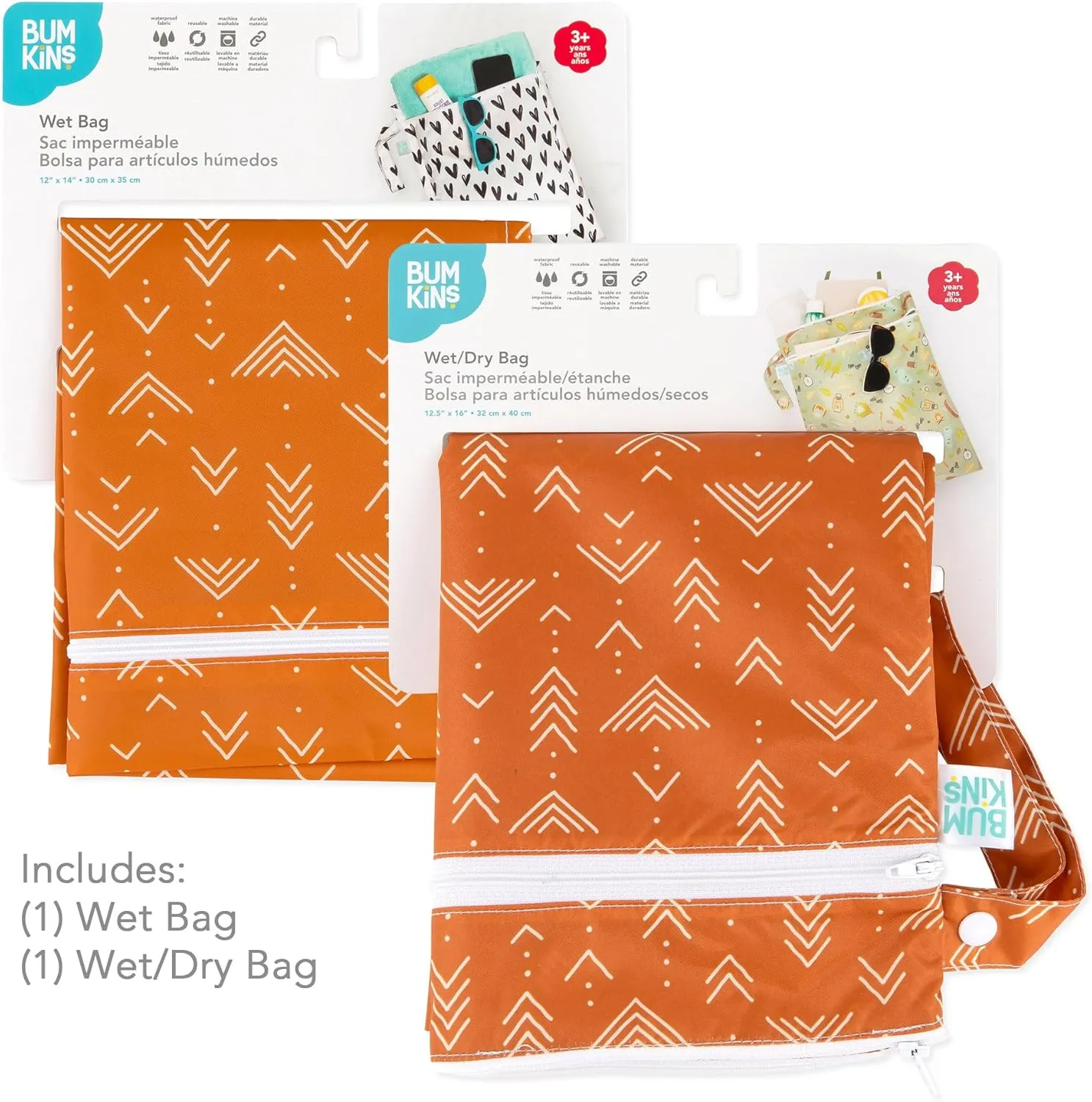 Bumkins Waterproof Wet and Wetdry Bags for Baby, Travel, Swim Suit, Cloth Diaper, Pump Parts, Pool, Beach, Gym Clothes, Toiletry, Hook to Stroller, Daycare, Zipper Reusable Packing Pouch, Boho Orange