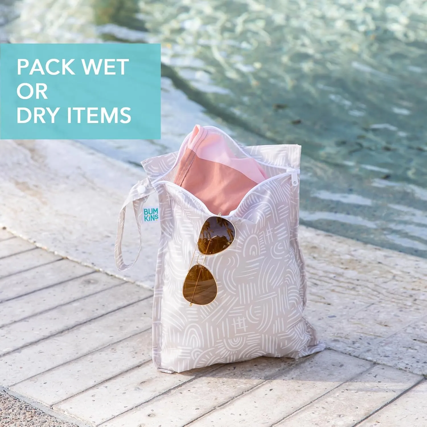 Bumkins Waterproof Wet Bag and Packing Pouches, TSA Airline Compliant, Pack for Baby, Travel, Swim Suit, Cloth Diapers, Pump Parts, Pool, Gym Clothes, Toiletry, Daycare, 4-pc Set Boho Beige