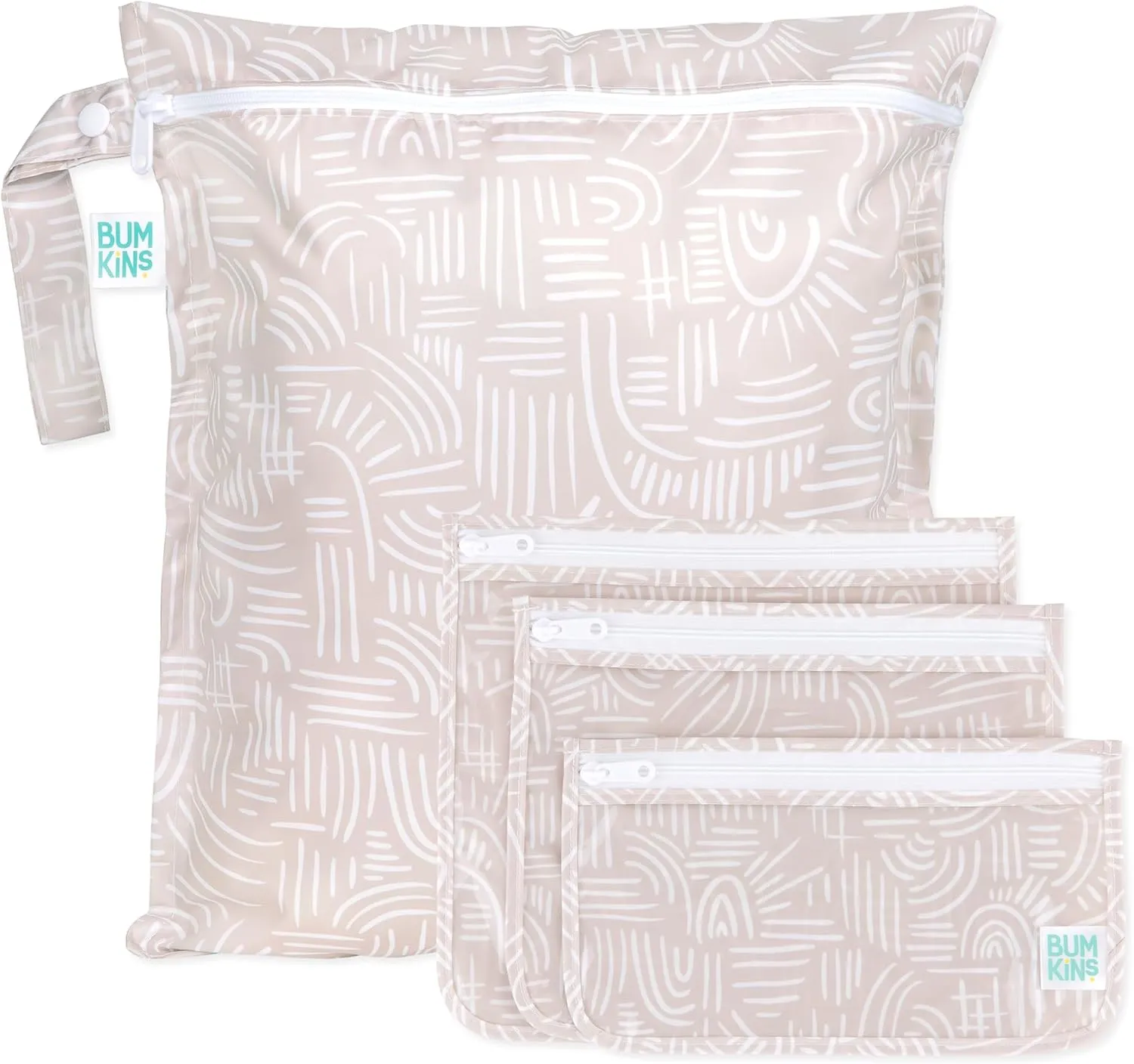 Bumkins Waterproof Wet Bag and Packing Pouches, TSA Airline Compliant, Pack for Baby, Travel, Swim Suit, Cloth Diapers, Pump Parts, Pool, Gym Clothes, Toiletry, Daycare, 4-pc Set Boho Beige
