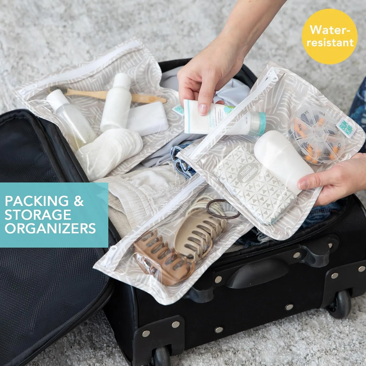 Bumkins Waterproof Wet Bag and Packing Pouches, TSA Airline Compliant, Pack for Baby, Travel, Swim Suit, Cloth Diapers, Pump Parts, Pool, Gym Clothes, Toiletry, Daycare, 4-pc Set Boho Beige
