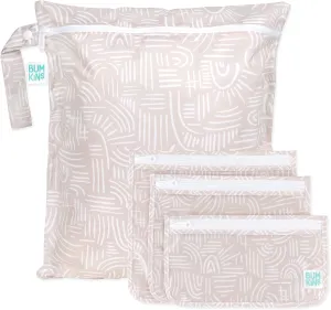 Bumkins Waterproof Wet Bag and Packing Pouches, TSA Airline Compliant, Pack for Baby, Travel, Swim Suit, Cloth Diapers, Pump Parts, Pool, Gym Clothes, Toiletry, Daycare, 4-pc Set Boho Beige
