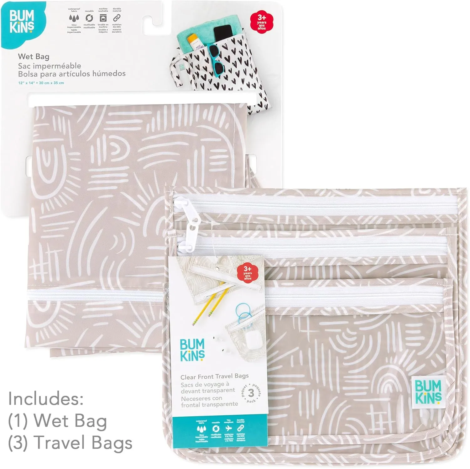 Bumkins Waterproof Wet Bag and Packing Pouches, TSA Airline Compliant, Pack for Baby, Travel, Swim Suit, Cloth Diapers, Pump Parts, Pool, Gym Clothes, Toiletry, Daycare, 4-pc Set Boho Beige