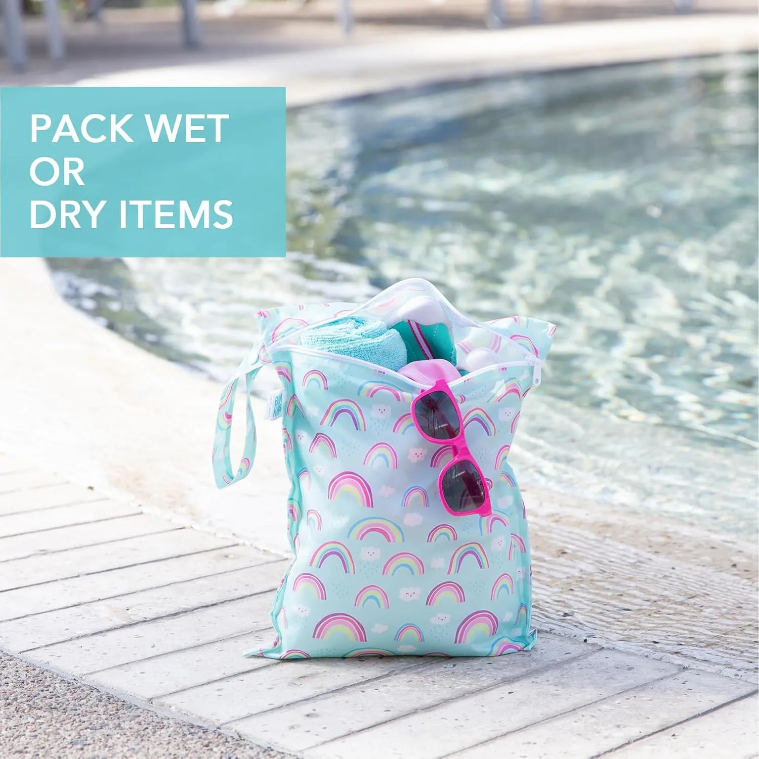 Bumkins Waterproof Wet Bag for Baby, Travel, Swim Suit, Cloth Diapers, Pump Parts, Pool, Beach, Gym Clothes, Toiletry, Hook to Stroller, Daycare, Zip Reusable Wetdry Packing, 2-pk Hearts and Rainbows