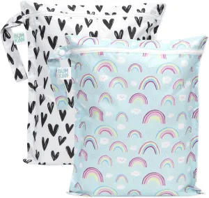 Bumkins Waterproof Wet Bag for Baby, Travel, Swim Suit, Cloth Diapers, Pump Parts, Pool, Beach, Gym Clothes, Toiletry, Hook to Stroller, Daycare, Zip Reusable Wetdry Packing, 2-pk Hearts and Rainbows