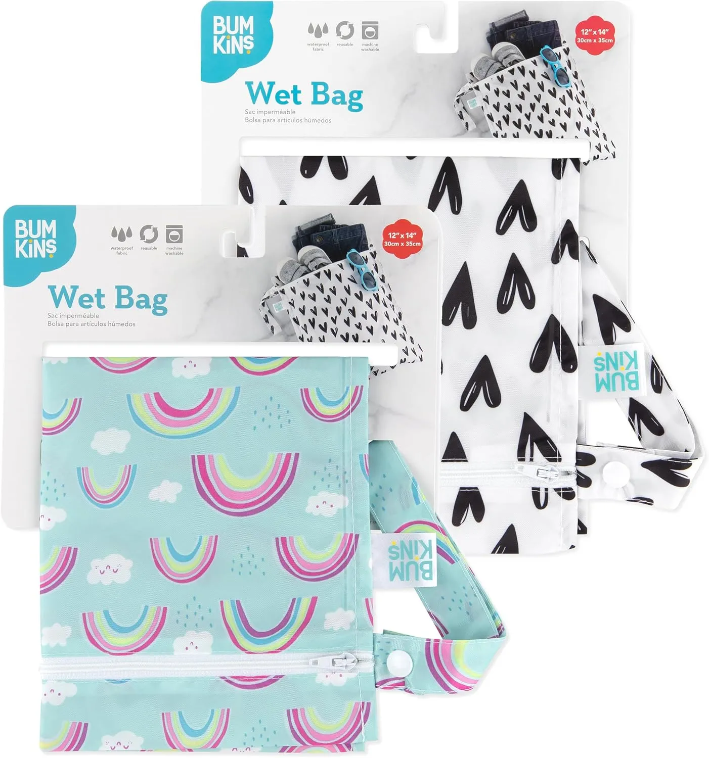 Bumkins Waterproof Wet Bag for Baby, Travel, Swim Suit, Cloth Diapers, Pump Parts, Pool, Beach, Gym Clothes, Toiletry, Hook to Stroller, Daycare, Zip Reusable Wetdry Packing, 2-pk Hearts and Rainbows