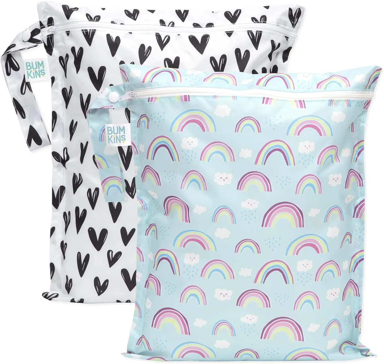 Bumkins Waterproof Wet Bag for Baby, Travel, Swim Suit, Cloth Diapers, Pump Parts, Pool, Beach, Gym Clothes, Toiletry, Hook to Stroller, Daycare, Zip Reusable Wetdry Packing, 2-pk Hearts and Rainbows