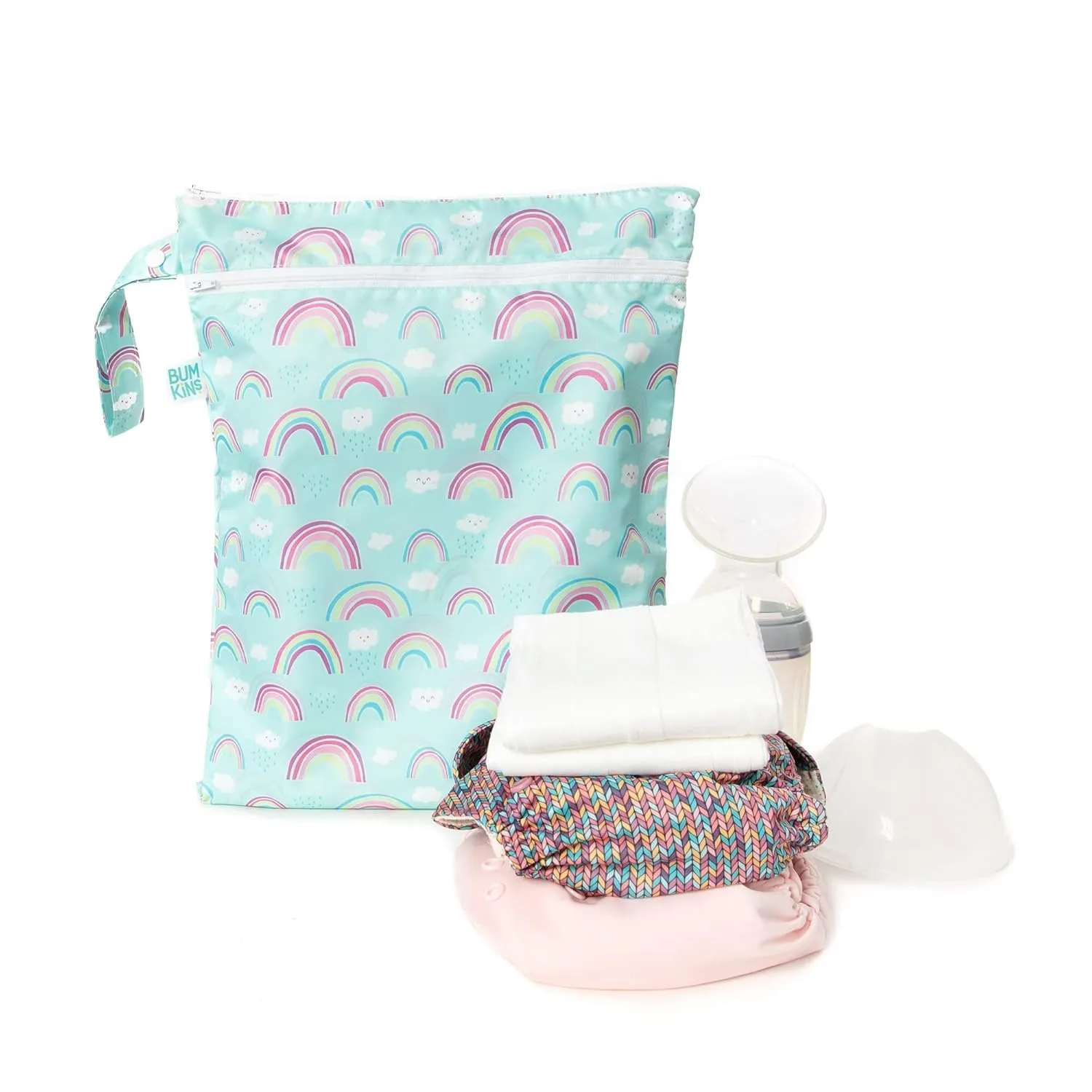 Bumkins Waterproof Wet Dry Bag for Baby, Travel, Swim Suit, Cloth Diaper, Pump Parts, Pool, Beach, Gym Clothes, Toiletry, Hook to Stroller, Daycare, Zipper Reusable Wetdry Packing Pouch, Rainbows Blue