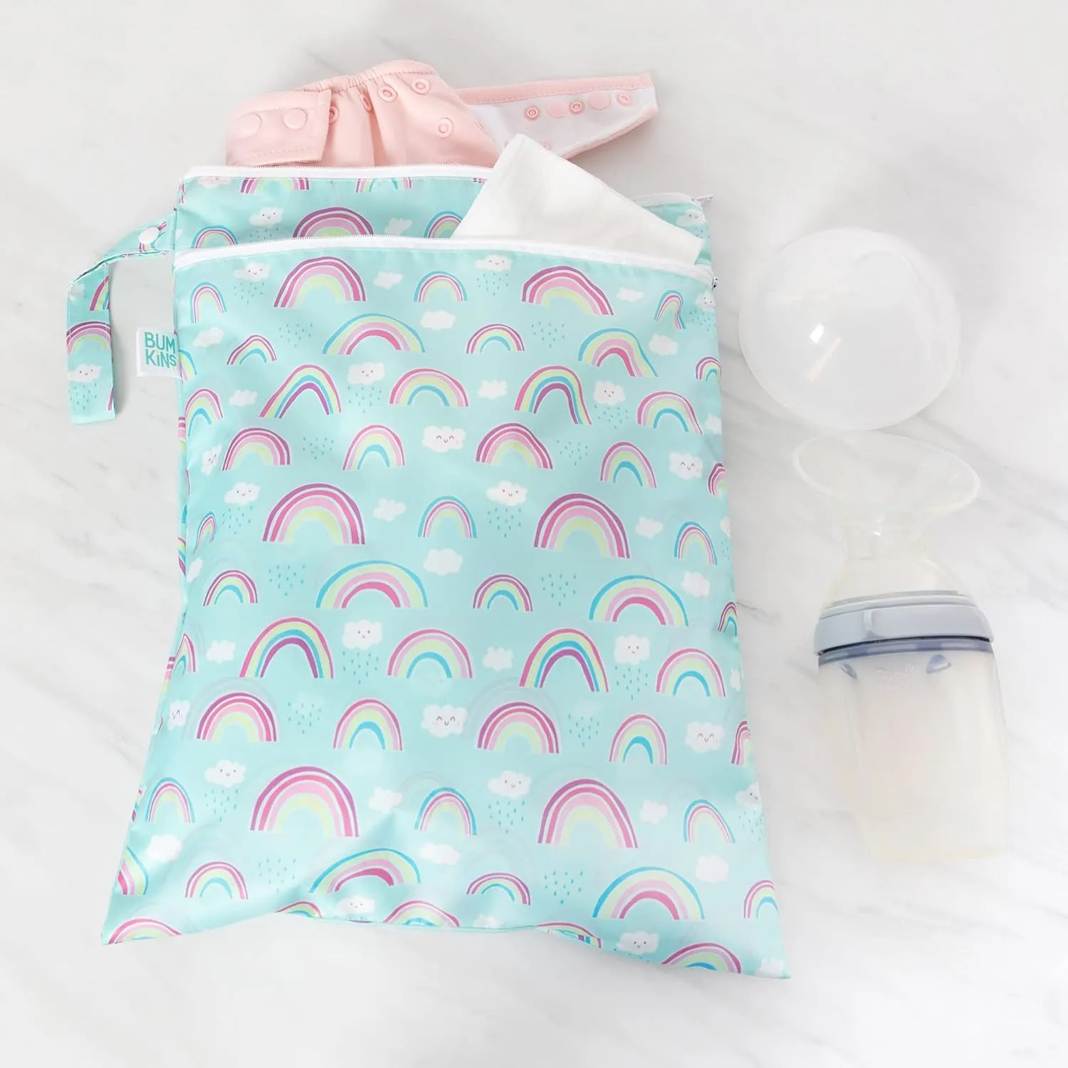 Bumkins Waterproof Wet Dry Bag for Baby, Travel, Swim Suit, Cloth Diaper, Pump Parts, Pool, Beach, Gym Clothes, Toiletry, Hook to Stroller, Daycare, Zipper Reusable Wetdry Packing Pouch, Rainbows Blue
