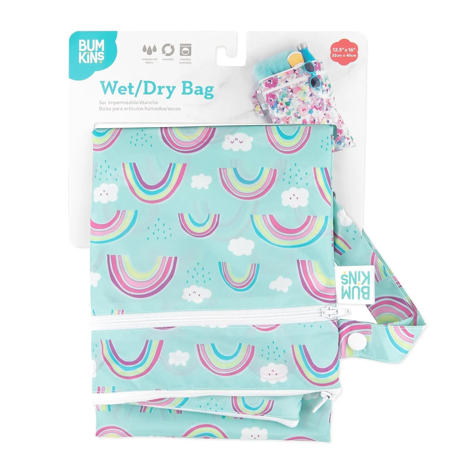 Bumkins Waterproof Wet Dry Bag for Baby, Travel, Swim Suit, Cloth Diaper, Pump Parts, Pool, Beach, Gym Clothes, Toiletry, Hook to Stroller, Daycare, Zipper Reusable Wetdry Packing Pouch, Rainbows Blue