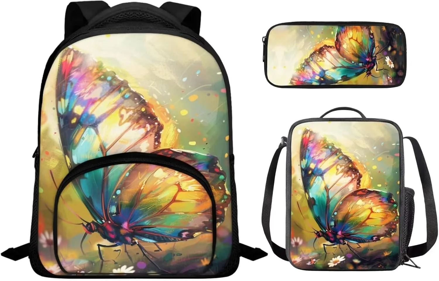 Butterfly Print Backpack for Girls 10-14 Kids Backpack Set 12 Inch Lightweight Travel Rucksack Insulated Meal Prep Container with Pen Case 3 in 1 for Primary School