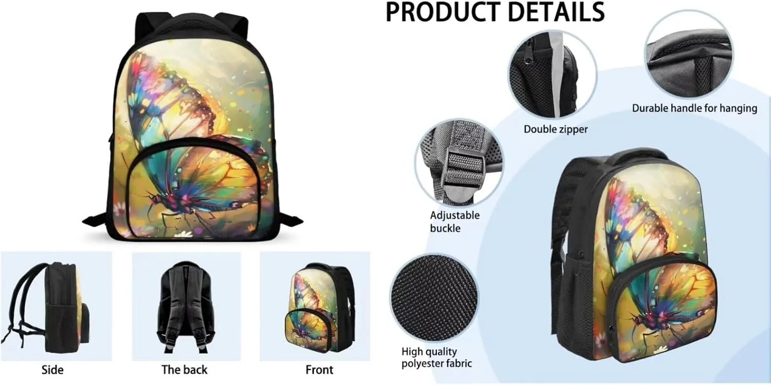 Butterfly Print Backpack for Girls 10-14 Kids Backpack Set 12 Inch Lightweight Travel Rucksack Insulated Meal Prep Container with Pen Case 3 in 1 for Primary School
