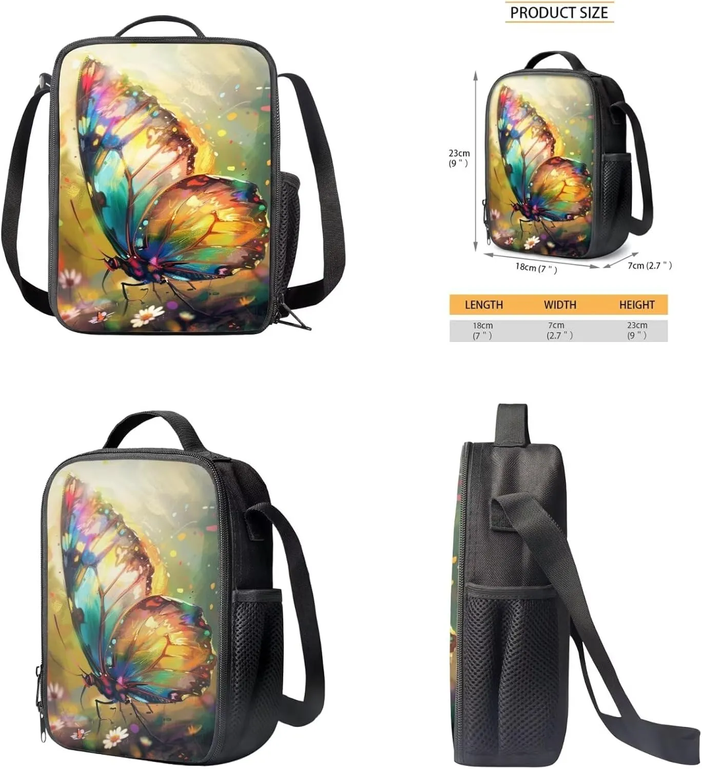 Butterfly Print Backpack for Girls 10-14 Kids Backpack Set 12 Inch Lightweight Travel Rucksack Insulated Meal Prep Container with Pen Case 3 in 1 for Primary School