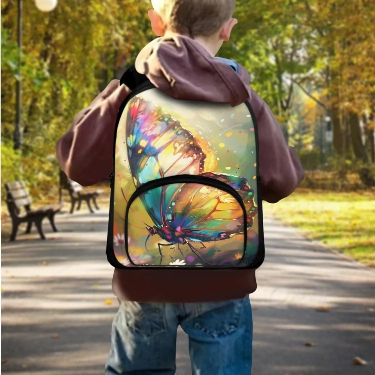 Butterfly Print Backpack for Girls 10-14 Kids Backpack Set 12 Inch Lightweight Travel Rucksack Insulated Meal Prep Container with Pen Case 3 in 1 for Primary School