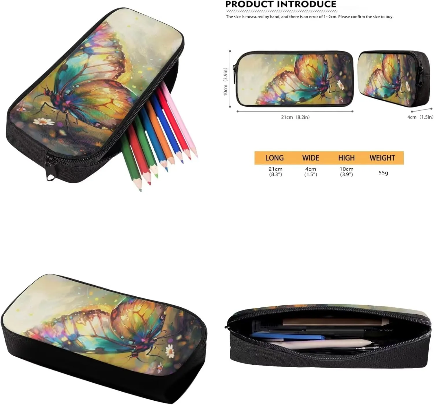 Butterfly Print Backpack for Girls 10-14 Kids Backpack Set 12 Inch Lightweight Travel Rucksack Insulated Meal Prep Container with Pen Case 3 in 1 for Primary School
