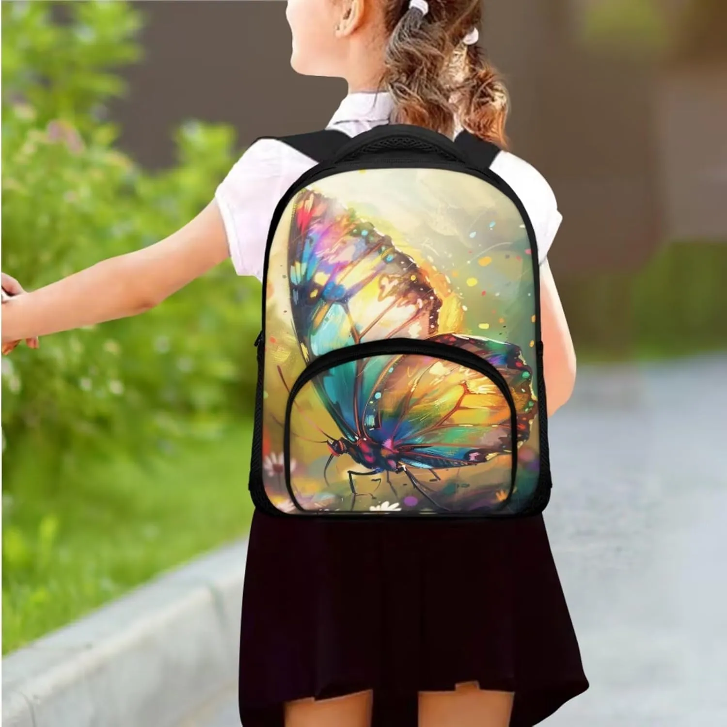 Butterfly Print Backpack for Girls 10-14 Kids Backpack Set 12 Inch Lightweight Travel Rucksack Insulated Meal Prep Container with Pen Case 3 in 1 for Primary School