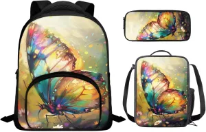Butterfly Print Backpack for Girls 10-14 Kids Backpack Set 12 Inch Lightweight Travel Rucksack Insulated Meal Prep Container with Pen Case 3 in 1 for Primary School
