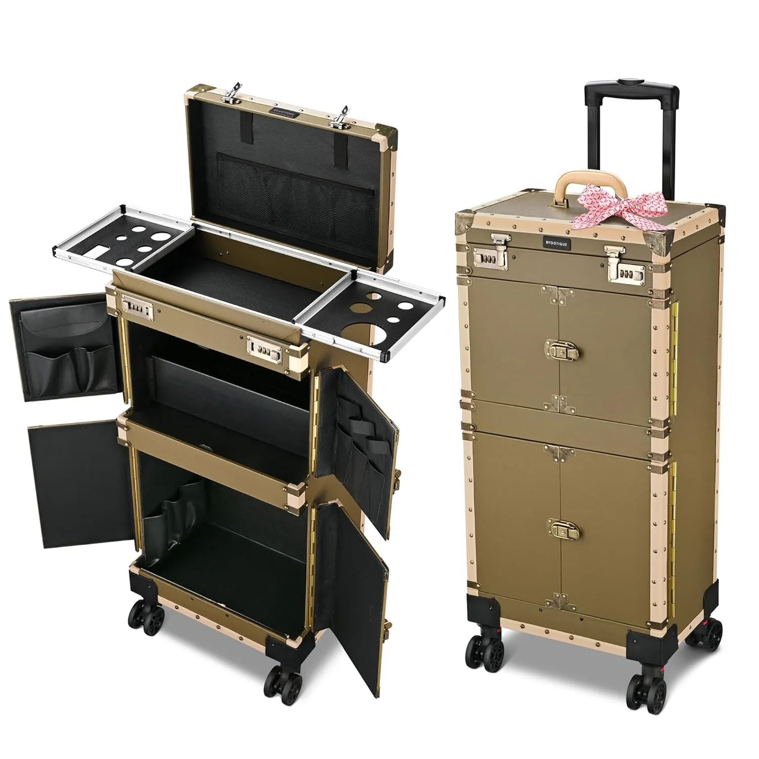 BYOOTIQUE Rolling 15x11x33" Makeup Stylist Train Case Hair Salon Clipper Trimmer Box Bronze with 360 Degree Wheel