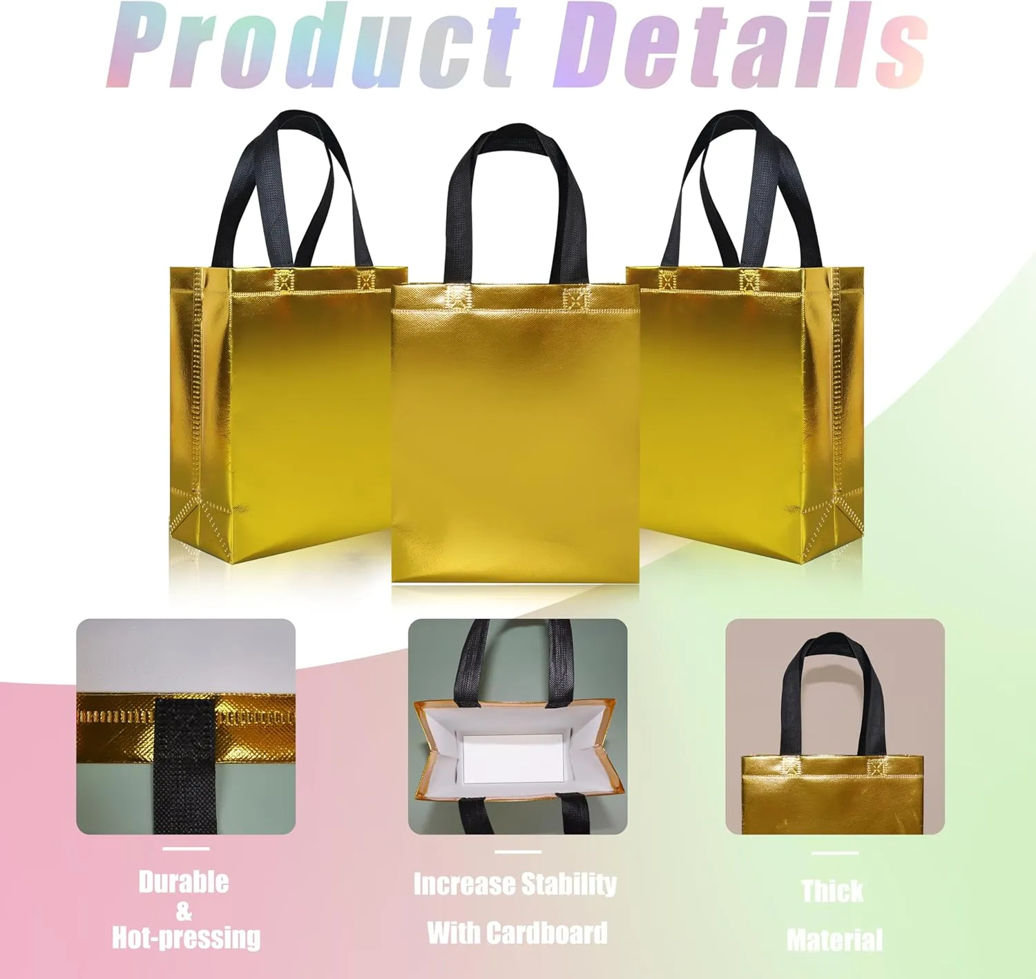 cabzymx 18 pcs Glossy Yellow Small Gift Bags, Non-woven Reusable Goodie Bags with Sturdy Base, 8x3.9x9.8 In Holiday Gift Bag Bulk for Birthday, Wedding, Easter, Party