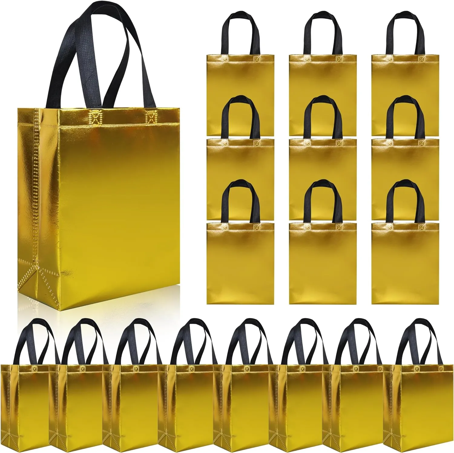 cabzymx 18 pcs Glossy Yellow Small Gift Bags, Non-woven Reusable Goodie Bags with Sturdy Base, 8x3.9x9.8 In Holiday Gift Bag Bulk for Birthday, Wedding, Easter, Party