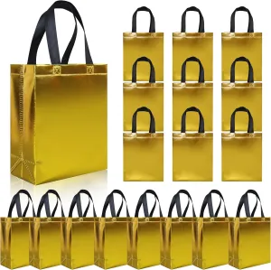 cabzymx 18 pcs Glossy Yellow Small Gift Bags, Non-woven Reusable Goodie Bags with Sturdy Base, 8x3.9x9.8 In Holiday Gift Bag Bulk for Birthday, Wedding, Easter, Party