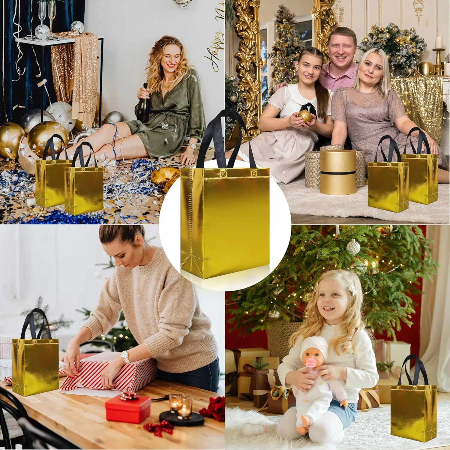 cabzymx 18 pcs Glossy Yellow Small Gift Bags, Non-woven Reusable Goodie Bags with Sturdy Base, 8x3.9x9.8 In Holiday Gift Bag Bulk for Birthday, Wedding, Easter, Party