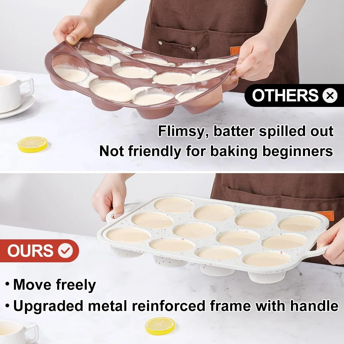 CAKETIME Silicone Muffin Pan, with Metal Reinforced Frame 2.8 Inch Regular Size Silicone Cupcake Pan Nonstick 12 Cups for Baking Homemade Muffins, Cupcakes, Egg Bites 2 Pack Dishwasher Safe BPA Free