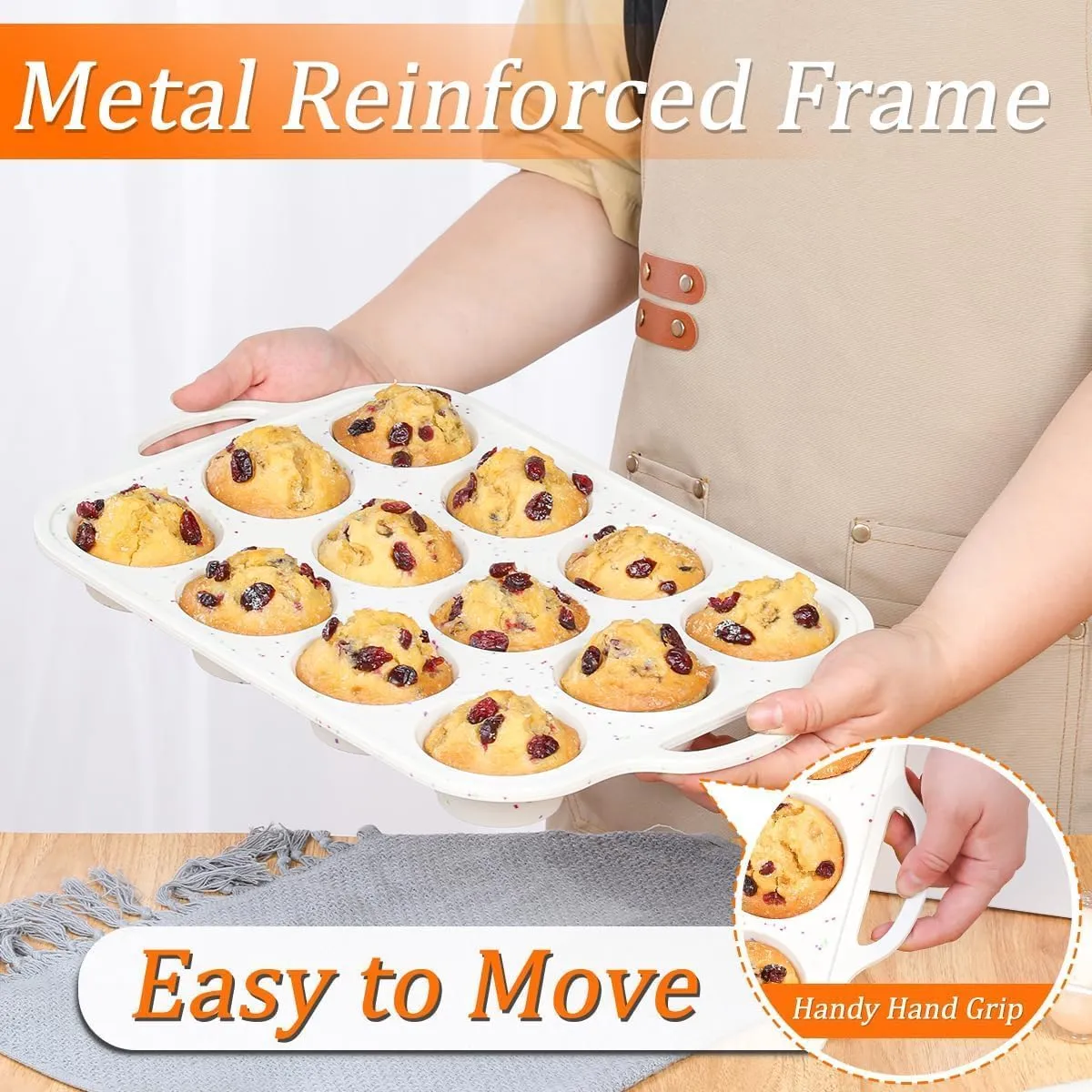 CAKETIME Silicone Muffin Pan, with Metal Reinforced Frame 2.8 Inch Regular Size Silicone Cupcake Pan Nonstick 12 Cups for Baking Homemade Muffins, Cupcakes, Egg Bites 2 Pack Dishwasher Safe BPA Free