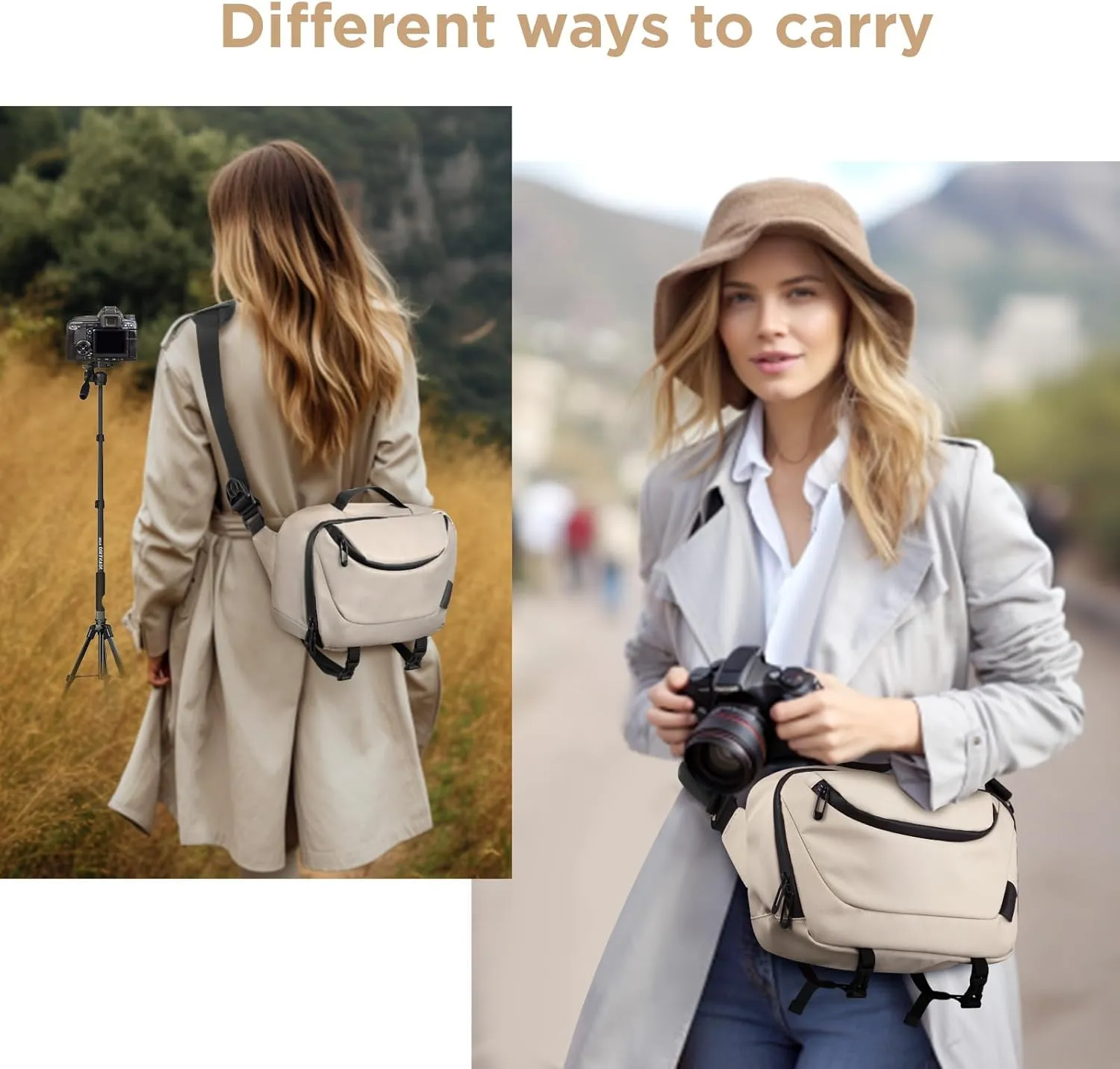 Camera Sling Bag,Waterproof Camera Case with Tripod Holder,Lightweight DSLR/SLR/Mirrorless Camera Bags Crossbody for photographers-Beige