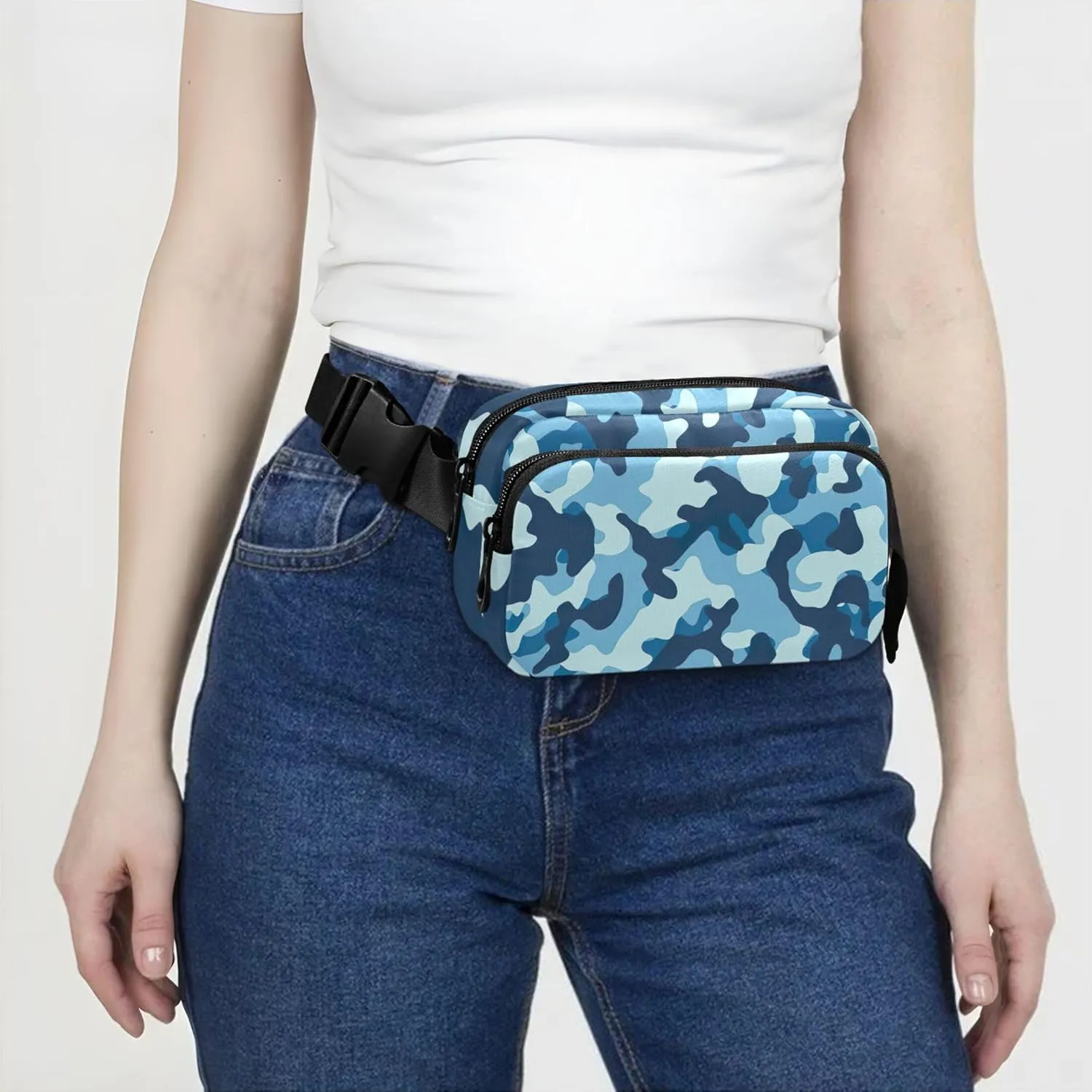 Camouflage Sea Blue Fanny Packs for Women Waterproof Hip Bag Belt Purse Designer Waist Pouches for Men