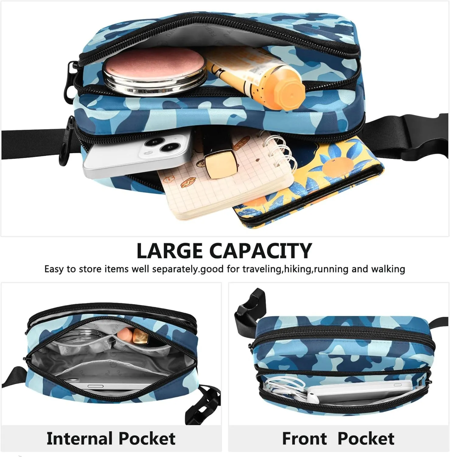 Camouflage Sea Blue Fanny Packs for Women Waterproof Hip Bag Belt Purse Designer Waist Pouches for Men