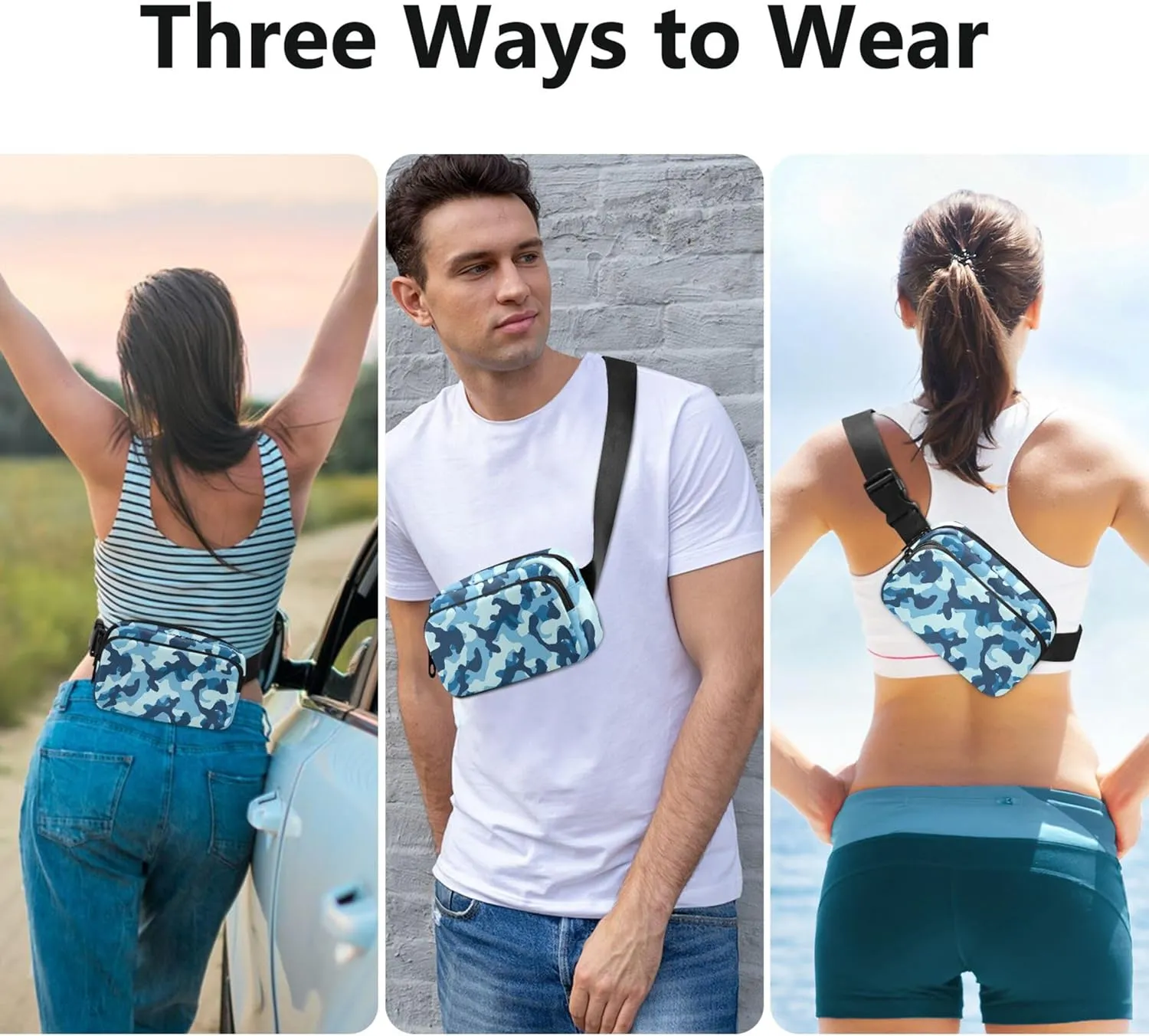 Camouflage Sea Blue Fanny Packs for Women Waterproof Hip Bag Belt Purse Designer Waist Pouches for Men