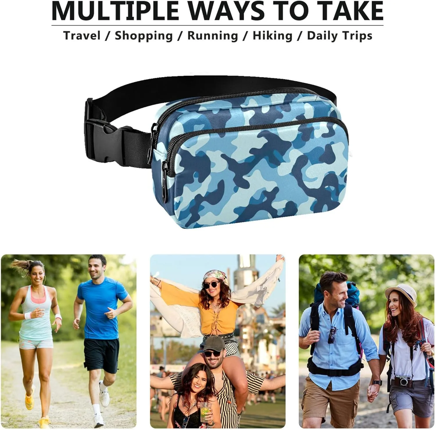 Camouflage Sea Blue Fanny Packs for Women Waterproof Hip Bag Belt Purse Designer Waist Pouches for Men