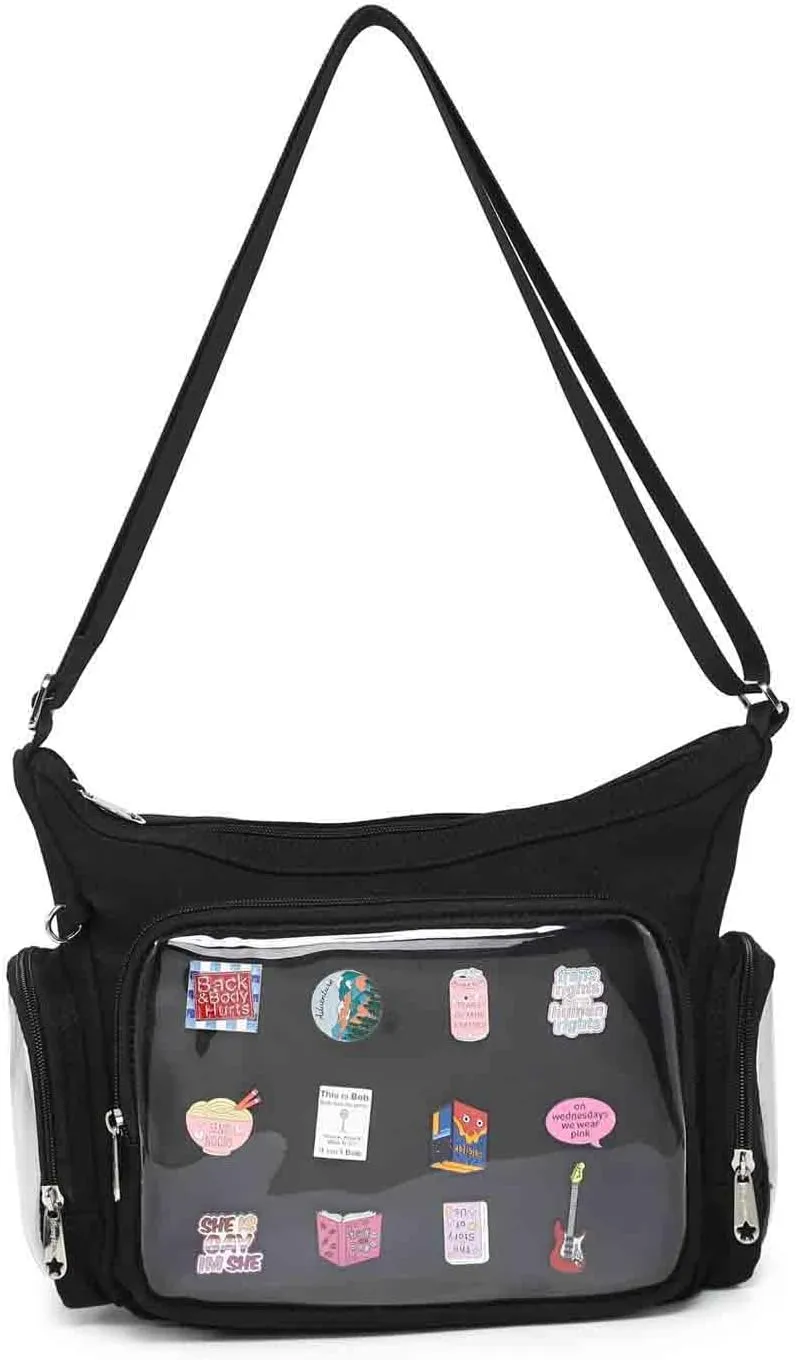 Canvas Ita Bag Crossbody Shoulder Bag Kawaii Purses and Handbags with Anime Pins Display